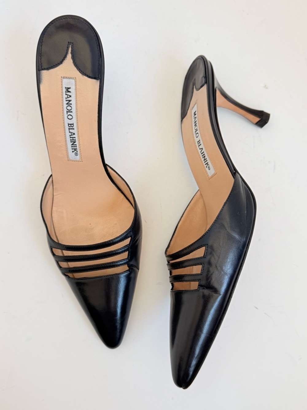 Manolo Blahnik Midnight Dark Navy blue Strappy Mule Heels Pointed Toe EU 37.5 - Picture 3 of 10
